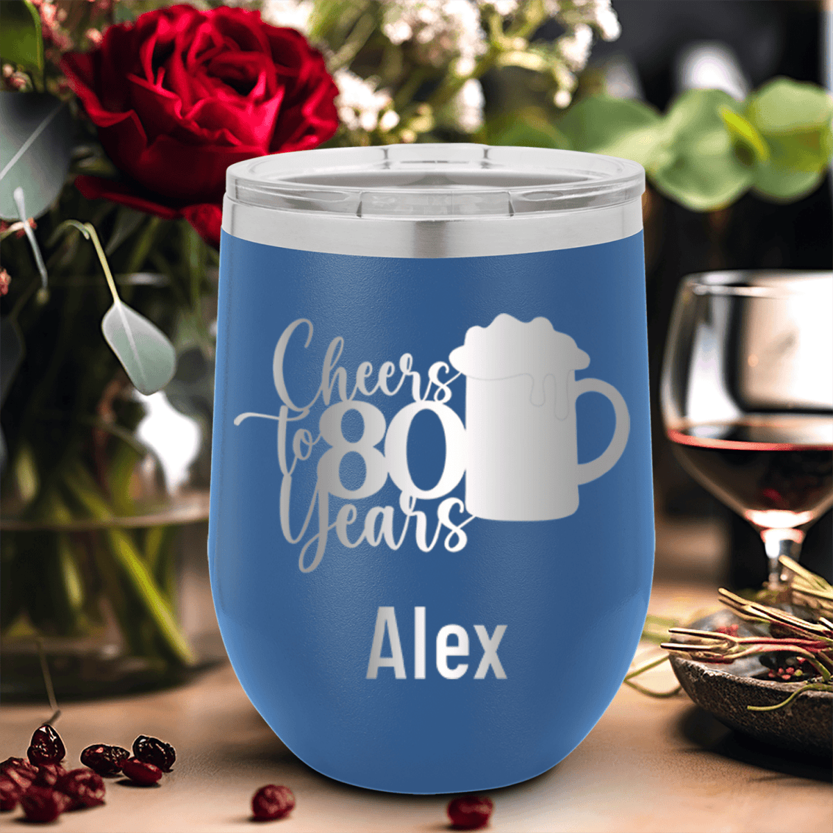 Blue Birthday Wine Tumbler With Cheers To 80 Years Beer Design