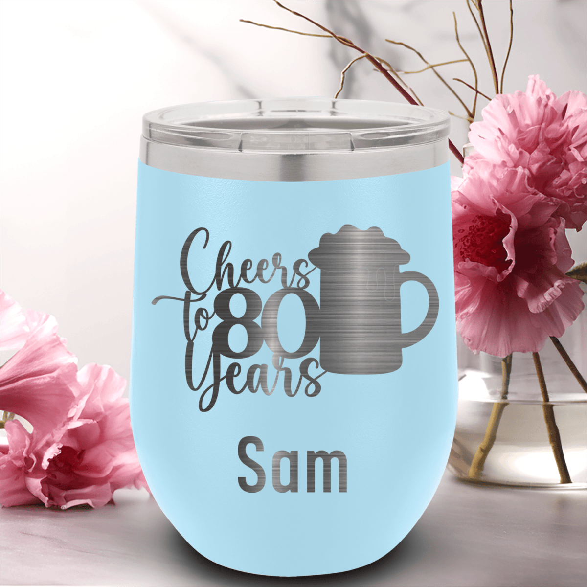 Light Blue Birthday Wine Tumbler With Cheers To 80 Years Beer Design