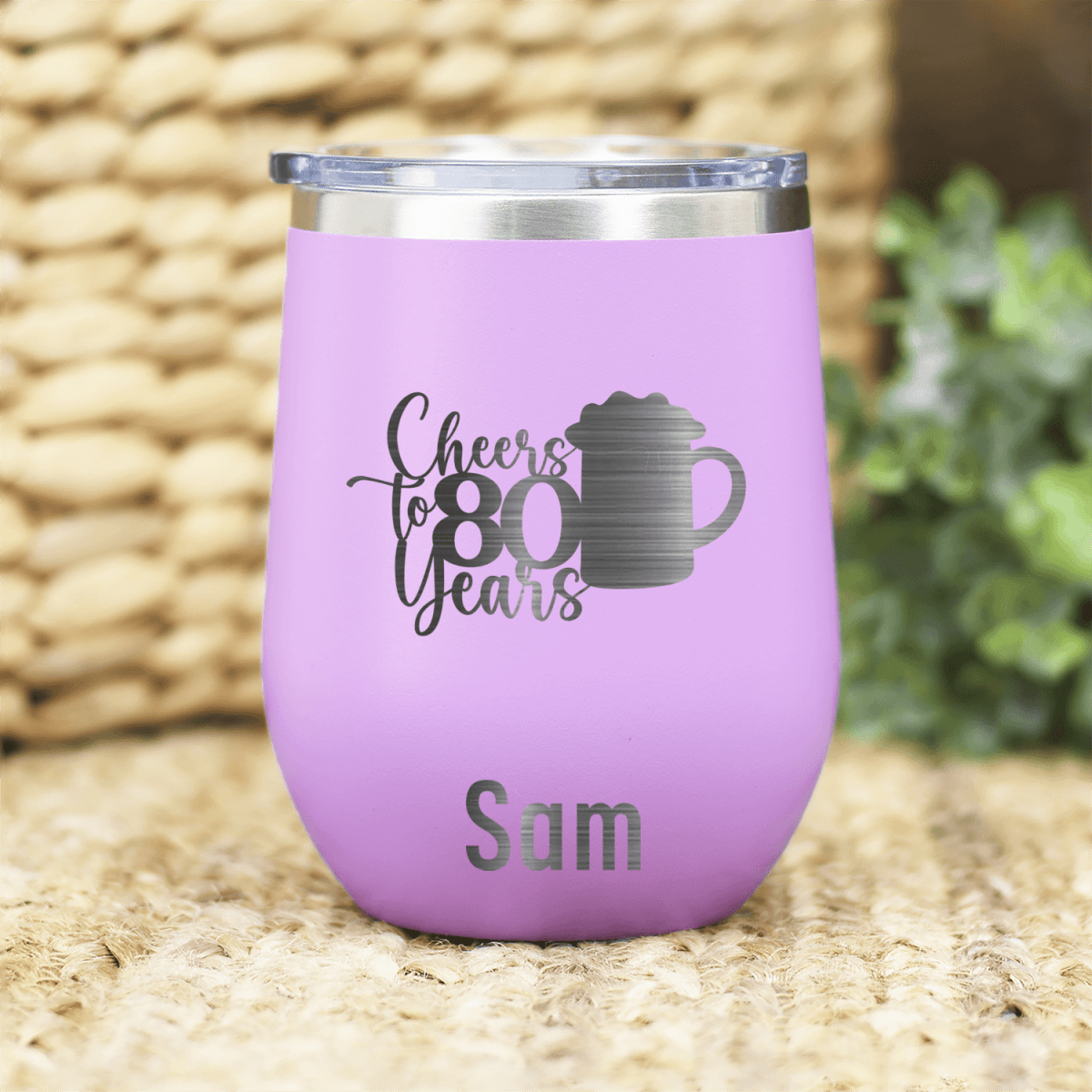 Light Purple Birthday Wine Tumbler With Cheers To 80 Years Beer Design