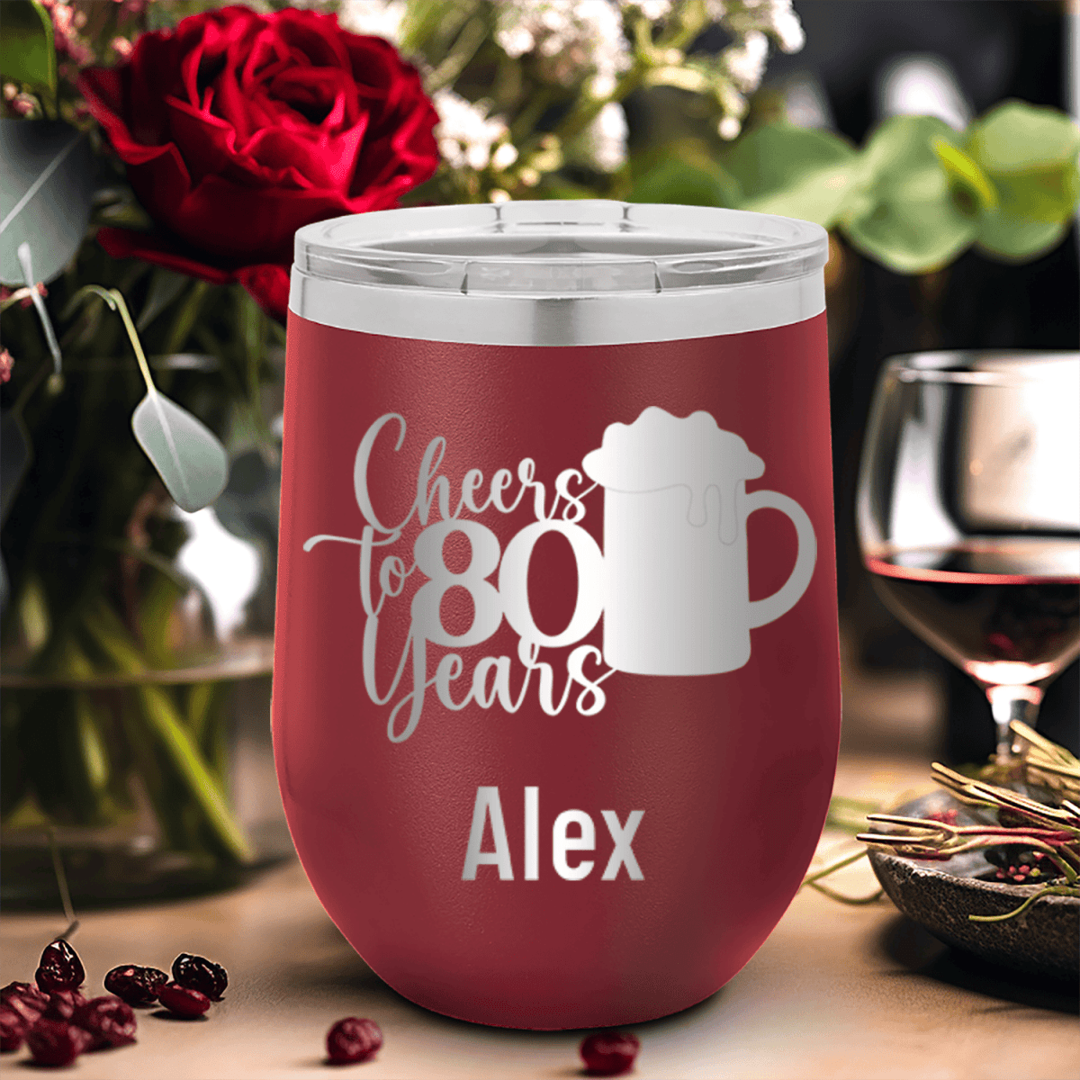 Maroon Birthday Wine Tumbler With Cheers To 80 Years Beer Design