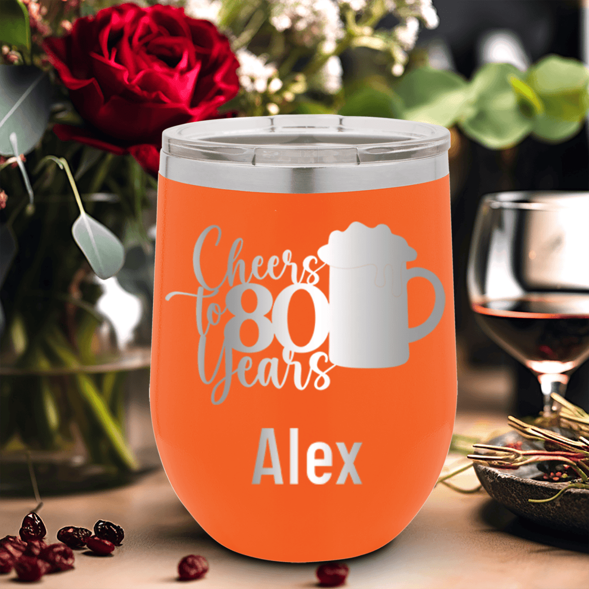 Orange Birthday Wine Tumbler With Cheers To 80 Years Beer Design