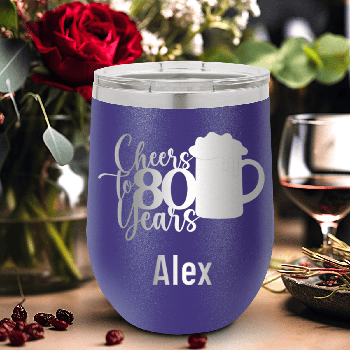 Purple Birthday Wine Tumbler With Cheers To 80 Years Beer Design