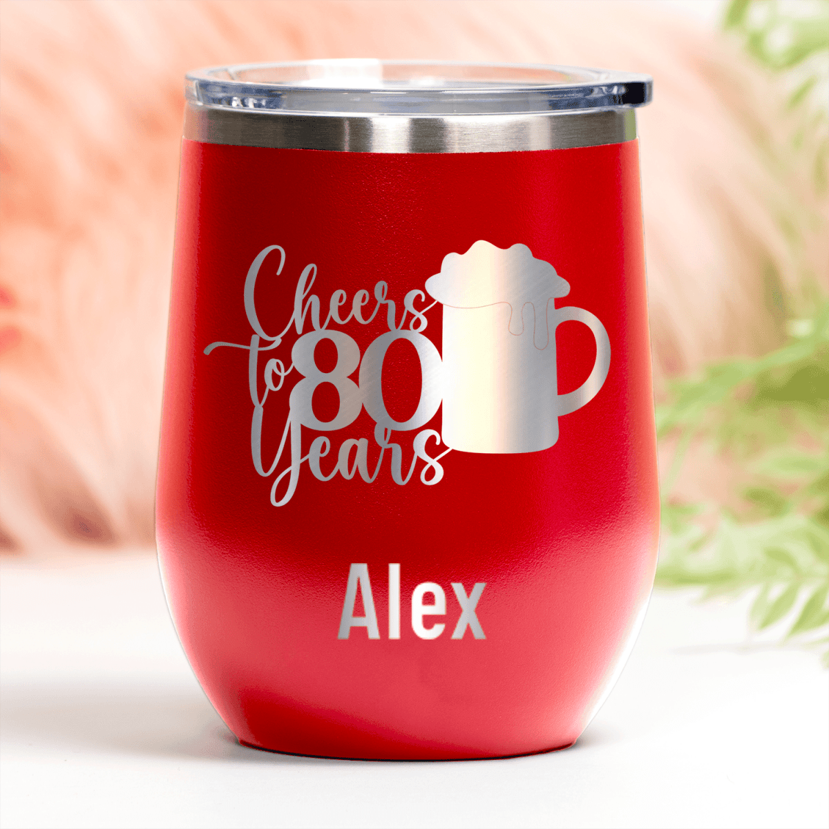 Pink Birthday Wine Tumbler With Cheers To 80 Years Beer Design