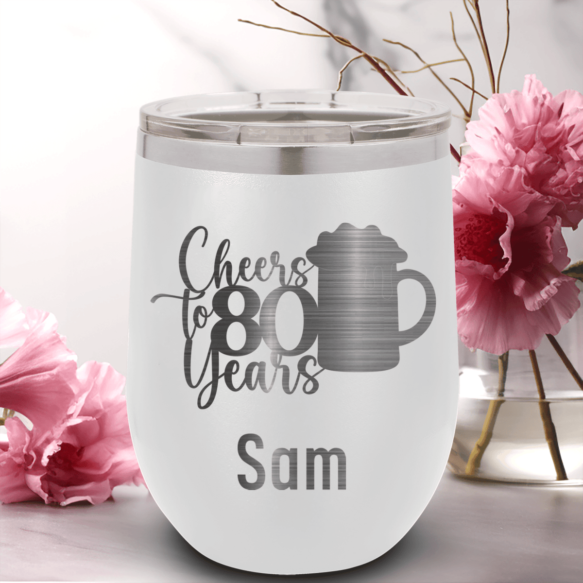 White Birthday Wine Tumbler With Cheers To 80 Years Beer Design