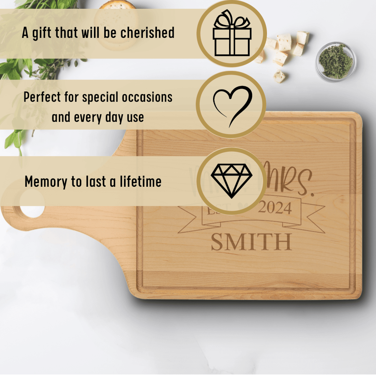 Anniversary Maple Paddle Cutting Board With Cherised Memory Banner Design