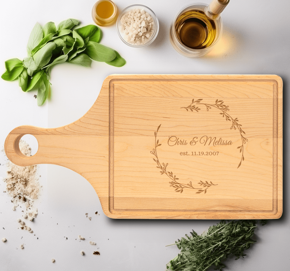 Anniversary Gift Maple Paddle Cutting Board With Cherished Names Design
