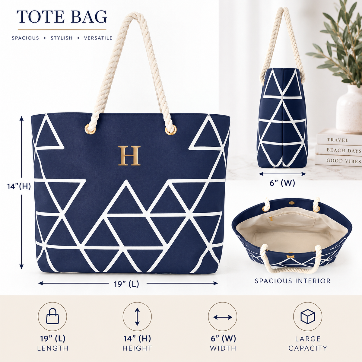 Navy blue tote bag with a white geometric triangle pattern, thick cream rope handles, and a gold monogram letter 'H' on the front. The image includes dimension labels showing 14" height, 19" length, 6" width, and feature icons for spacious length, height, width, and capacity.