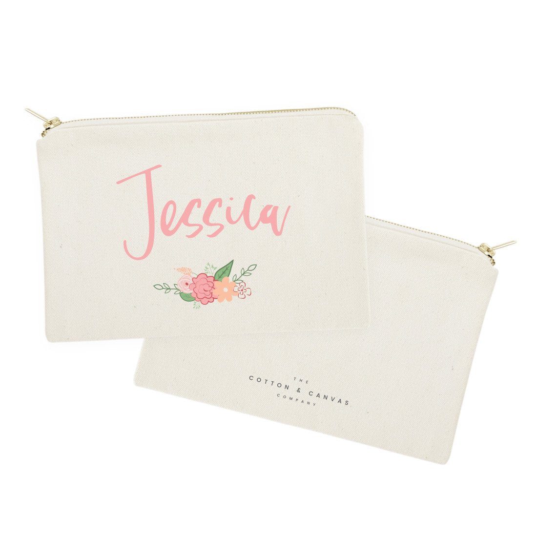 Personalized Name Colored Floral Cosmetic Bag and Travel Make Up Pouch