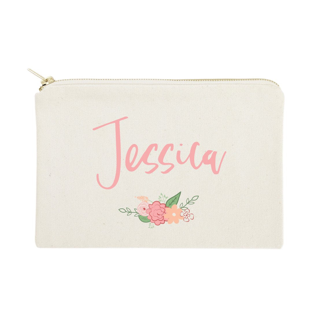 Personalized Name Colored Floral Cosmetic Bag and Travel Make Up Pouch