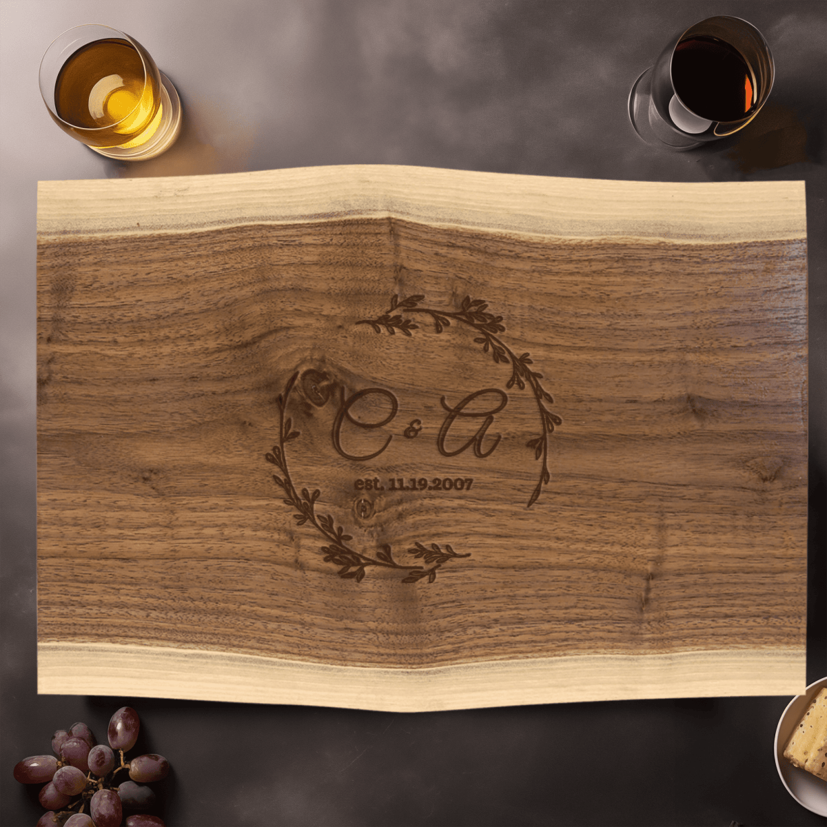 Anniversary Walnut Cutting Board With Couples Chronicle Design