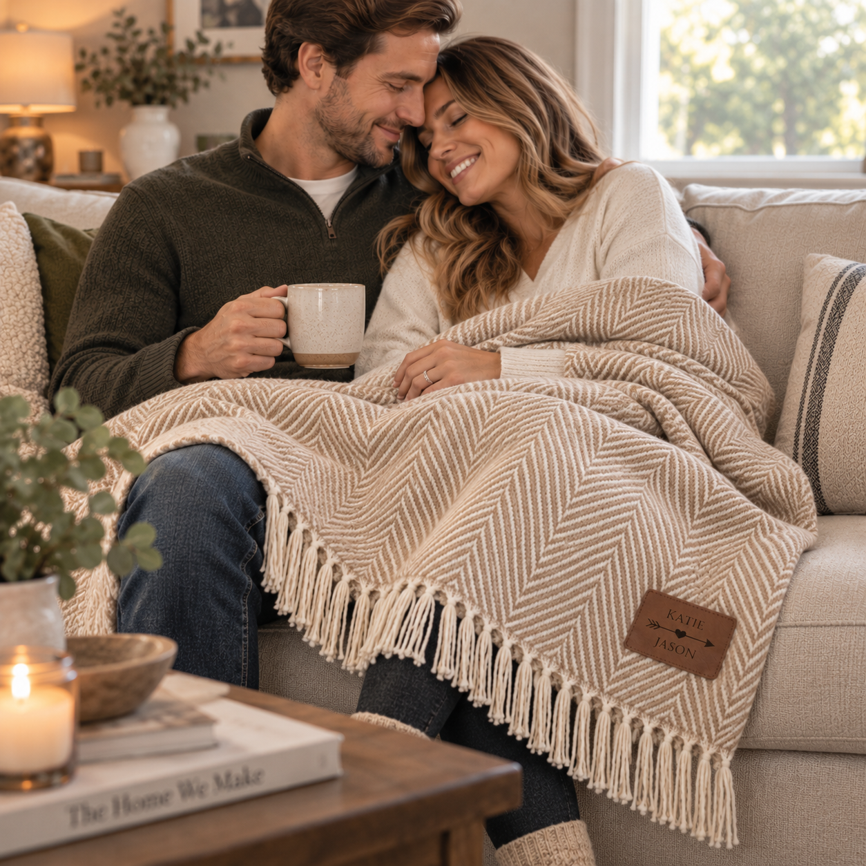 A couple sits on a beige sofa in a cozy living room, wrapped together in a cream and tan herringbone throw blanket with fringe and a small brown leather patch that reads 'Love Always Wins.' The man holds a white mug, and warm indoor lighting creates a soft, inviting atmosphere.