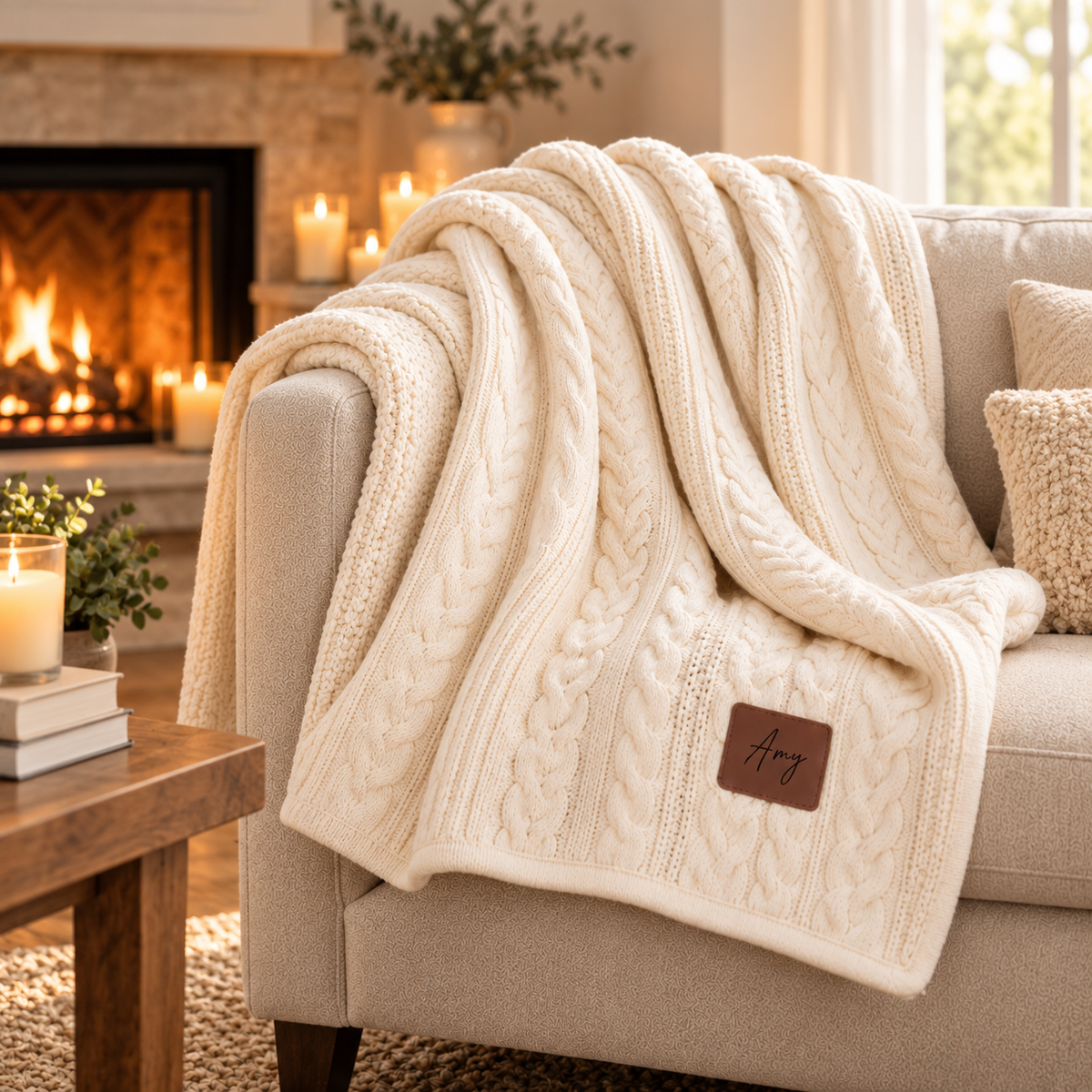 white knit blanket on a beige couch with a fire in the background