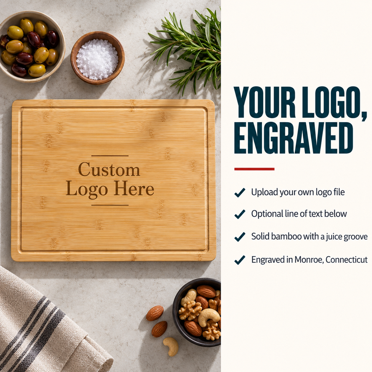 Bamboo custom logo cutting board with a juice groove reading Custom Logo Here, beside notes on uploading your logo and adding an optional line of text