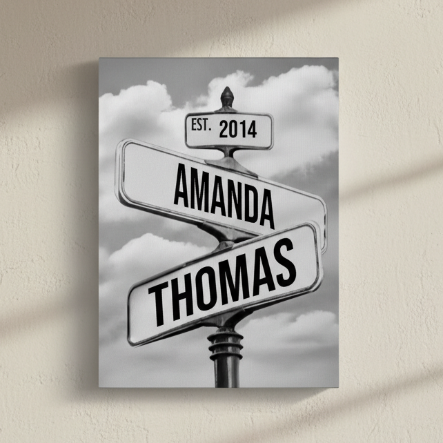 Decorative wall art with street signs displaying 'Amanda', 'Thomas', and 'Est. 2014' against a cloudy sky.
