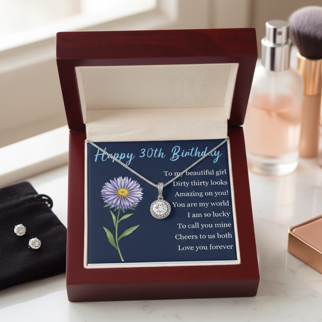 Jewelry box with a necklace and card for a 30th birthday gift, featuring a purple flower and text.