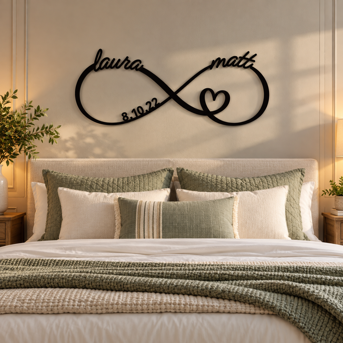 Black metal infinity sign mounted above a bed, personalized with sample names "laura" and "matt" with a heart and date "8.10.22" in the center