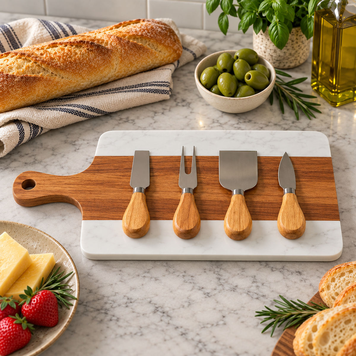 A wooden custom charcuterie board with a marble tray showing four included cheese tools. 