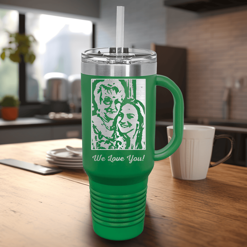 Green Mothers Day Tumbler With Handle And Straw With Custom Mothers Day Design