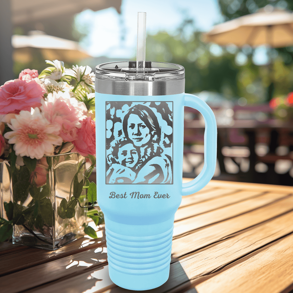 Light Blue Mothers Day Tumbler With Handle And Straw With Custom Mothers Day Design