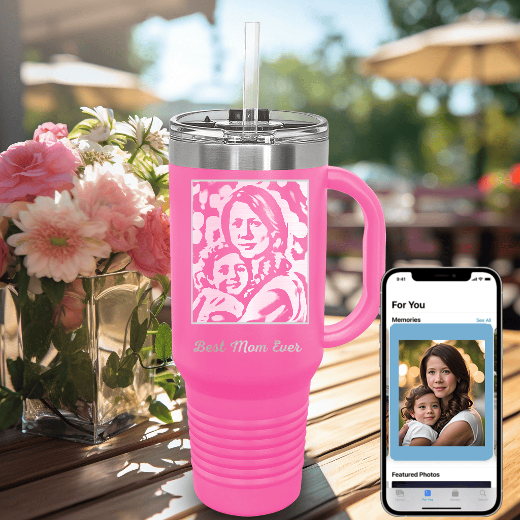 Pink Mothers Day Tumbler With Handle And Straw With Custom Mothers Day Design