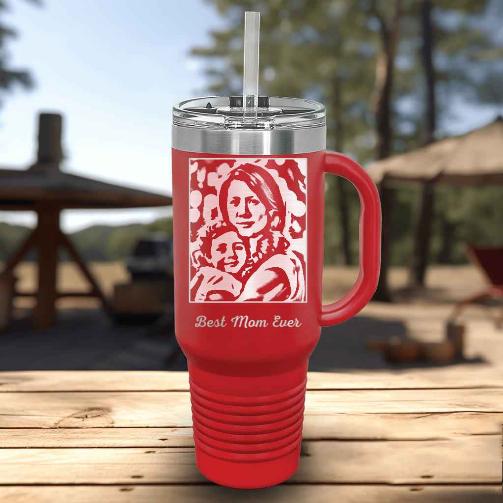 Red Mothers Day Tumbler With Handle And Straw With Custom Mothers Day Design