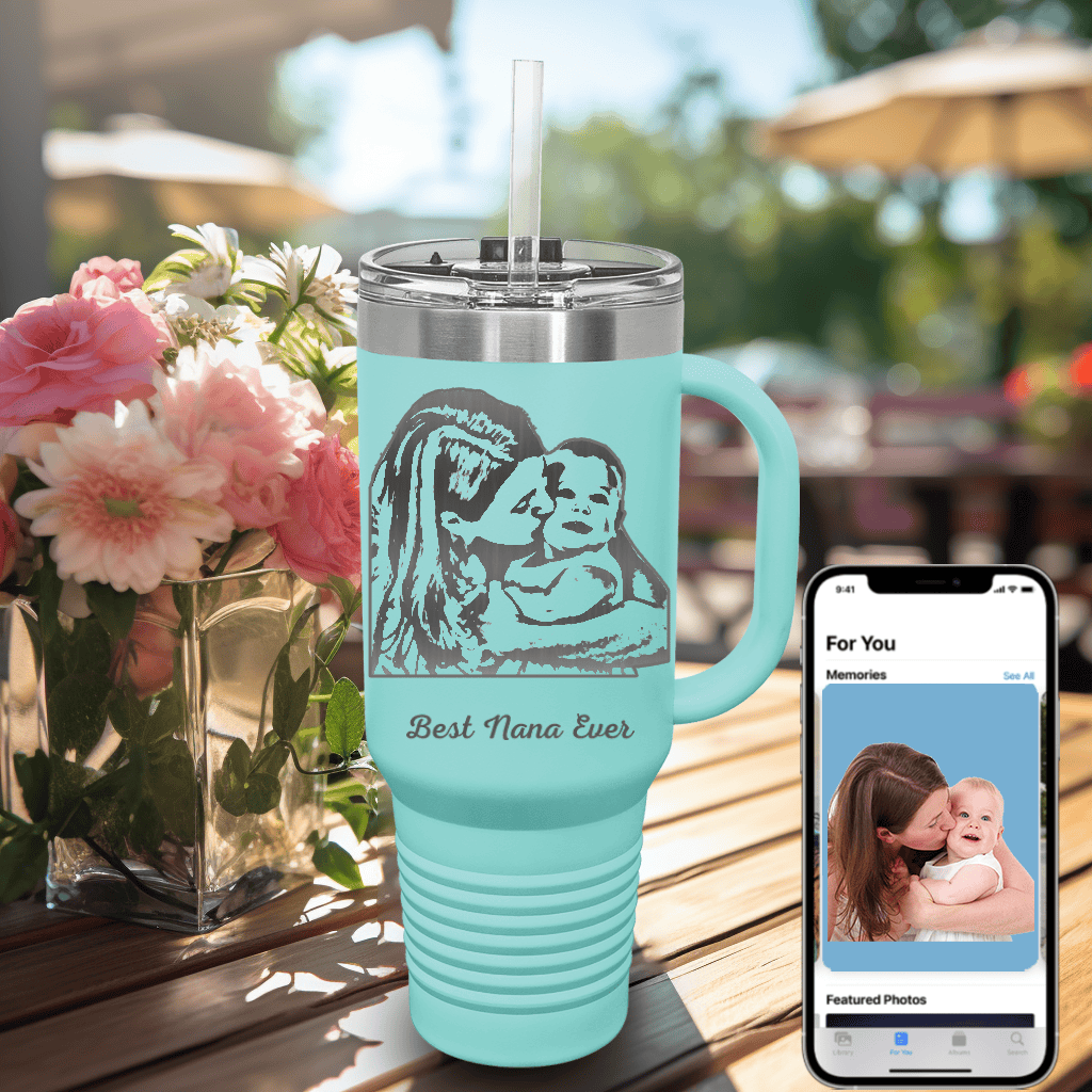 Teal Mothers Day Tumbler With Handle And Straw With Custom Mothers Day Design
