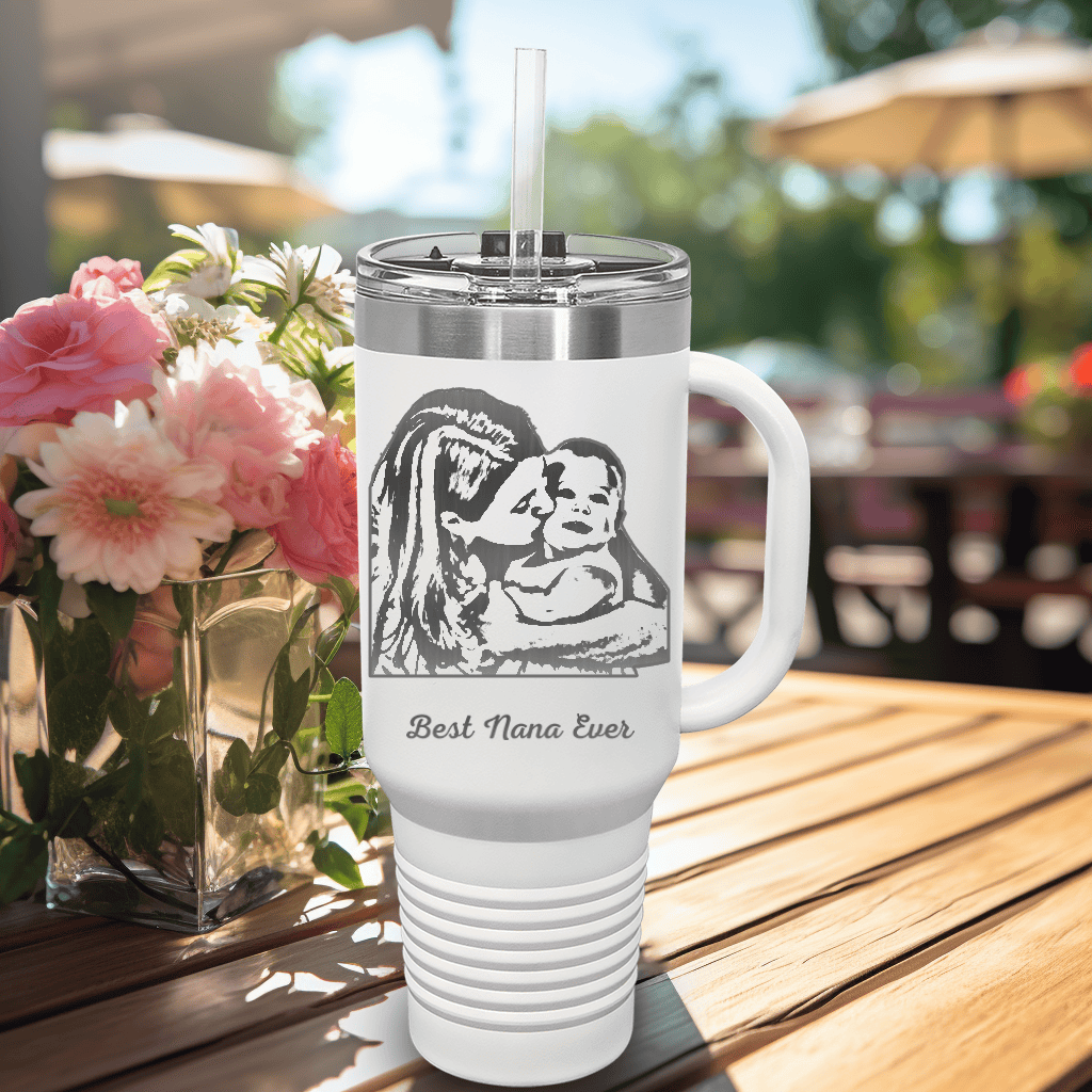 White Mothers Day Tumbler With Handle And Straw With Custom Mothers Day Design