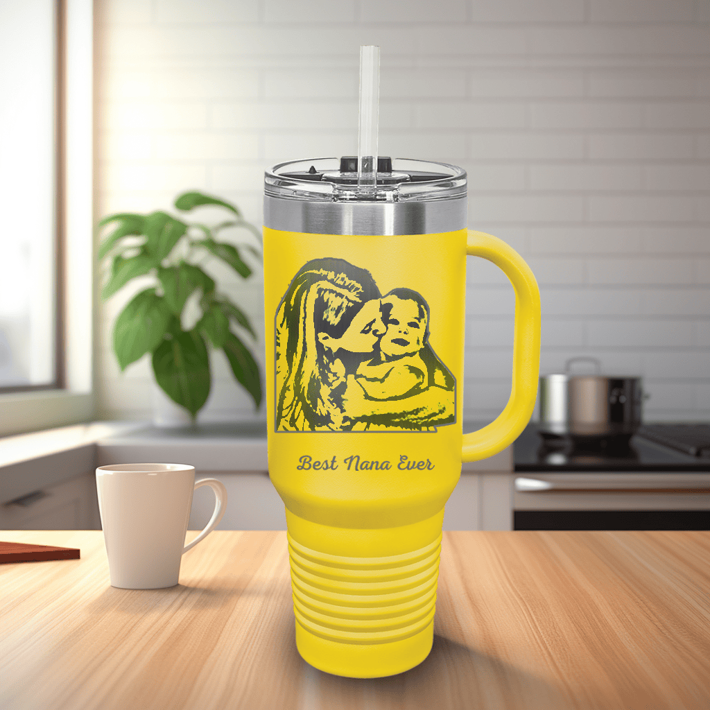Yellow Mothers Day Tumbler With Handle And Straw With Custom Mothers Day Design