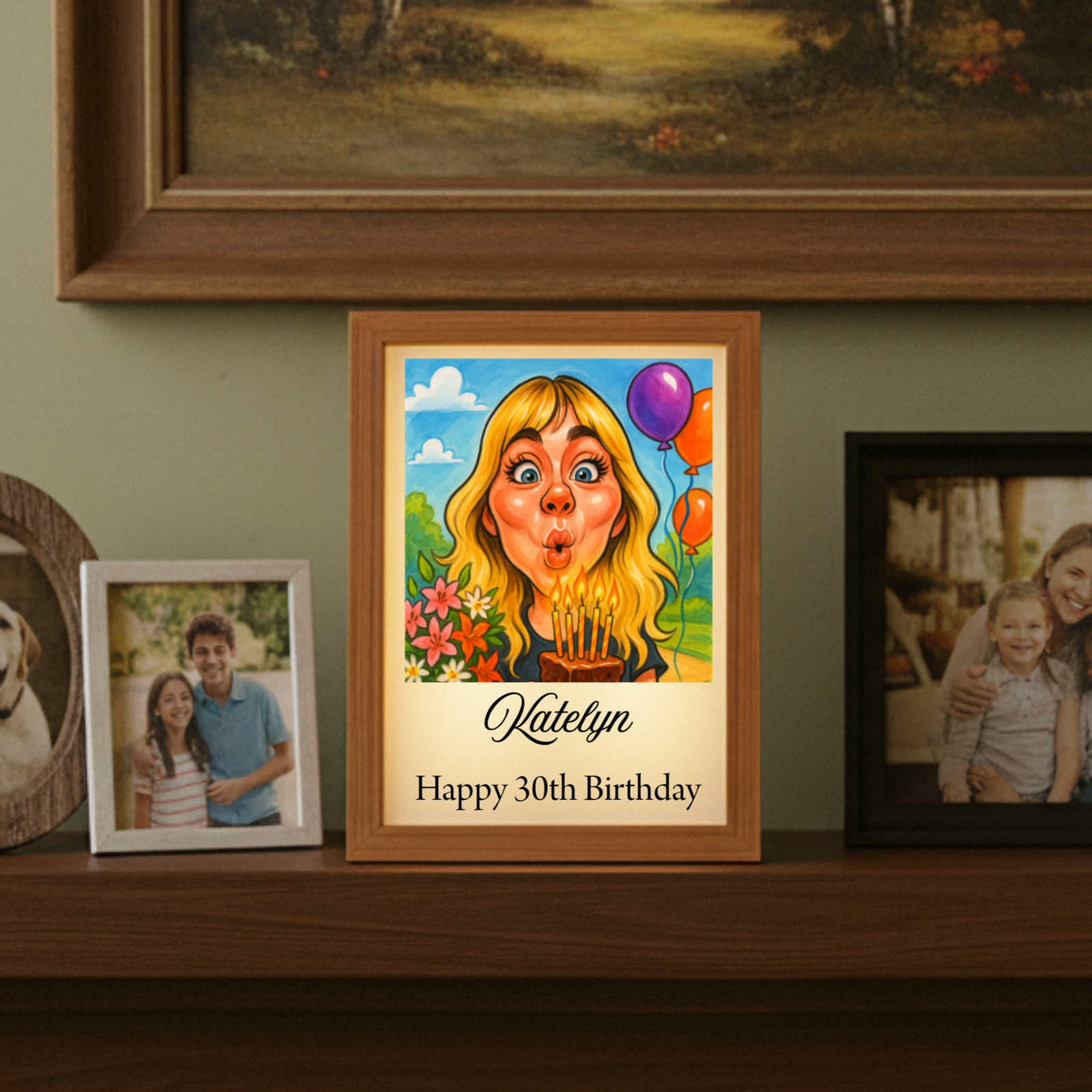 Birthday Caricature Light Box with custom cartoon image and personalized message