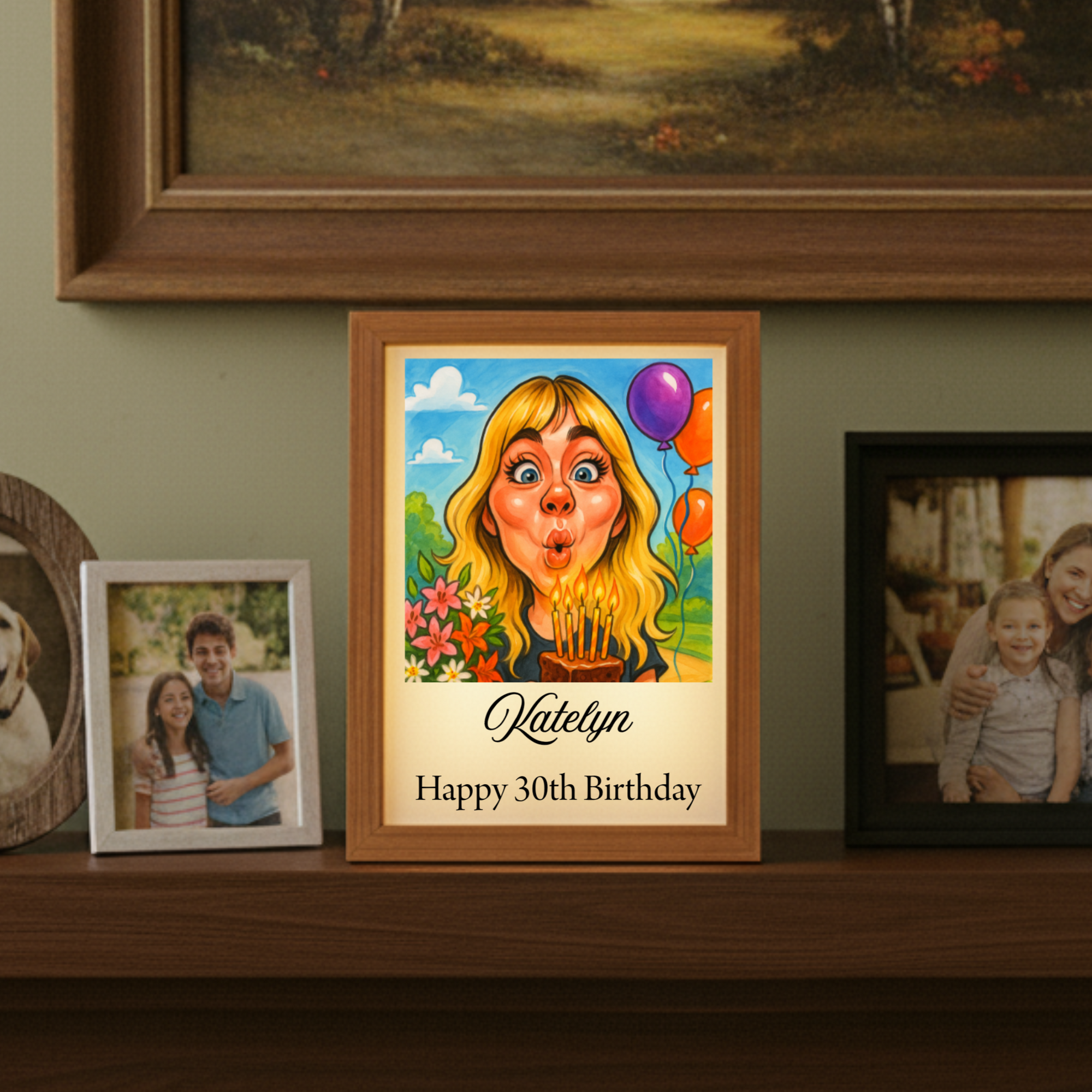 Birthday Caricature Light Box with custom cartoon image and personalized message