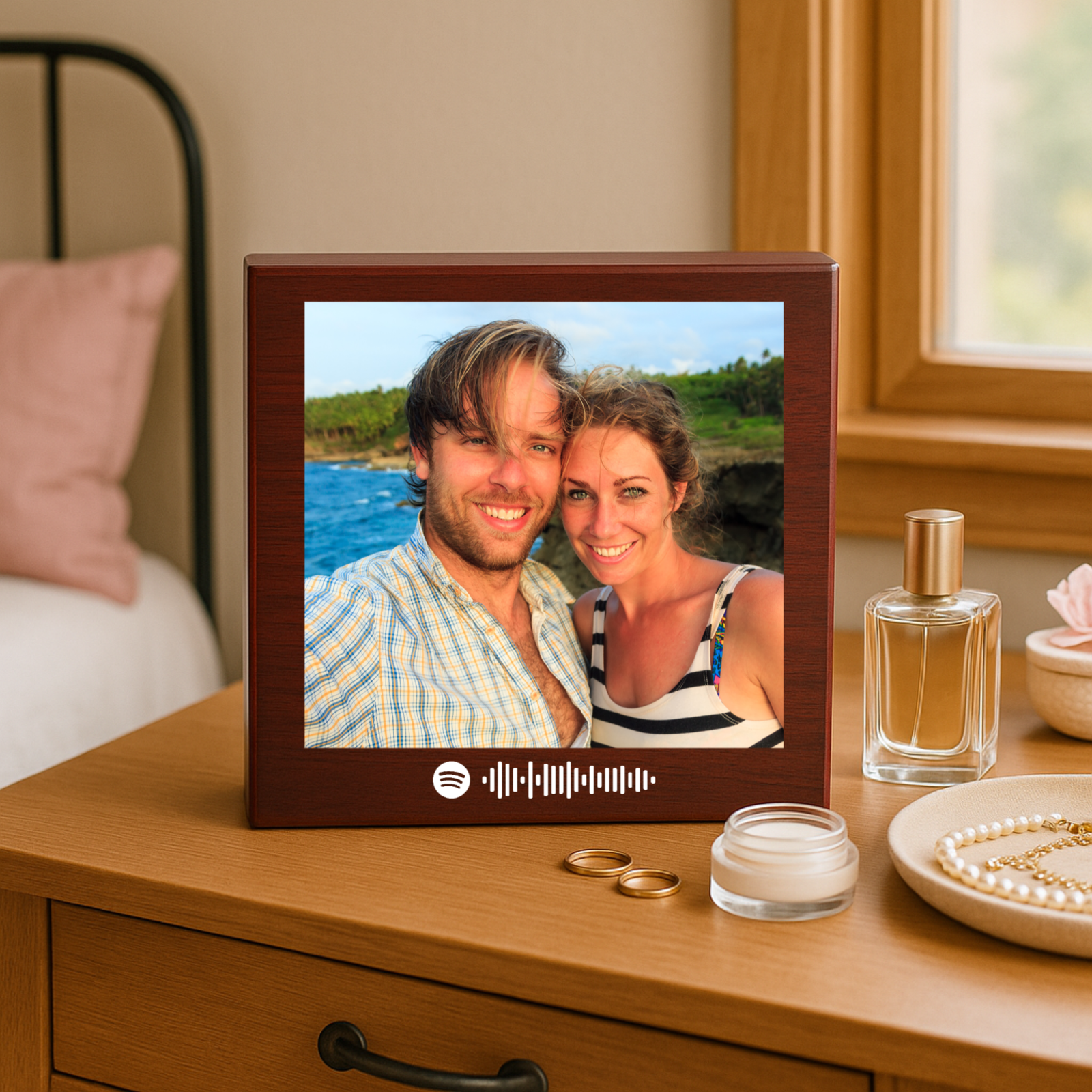 Personalized cherry‑wood keepsake box with couple photo and Spotify code for song