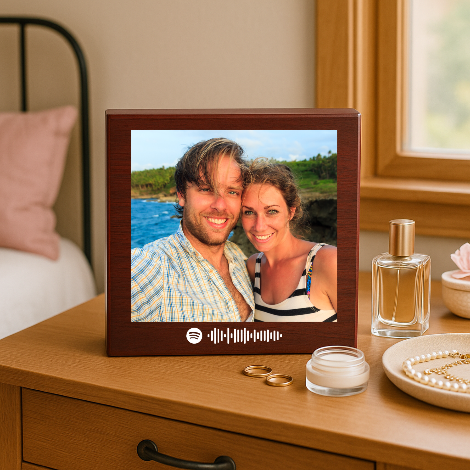 Personalized cherry‑wood keepsake box with couple photo and Spotify code for song