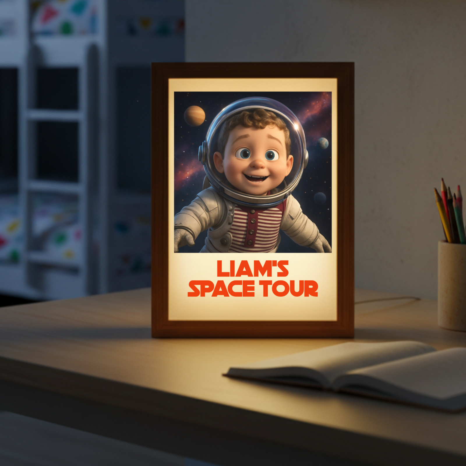 Framed night light displaying animated child astronaut with sample text "LIAM'S SPACE TOUR" in red, shown on desk with open notebook and pencil holder