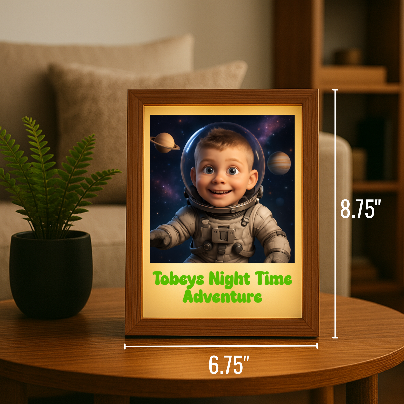 Framed custom astronaut night light displayed on wooden table with sample child's face and "Tobeys Night Time Adventure" text in green, measuring 6.75" wide by 8.75" tall