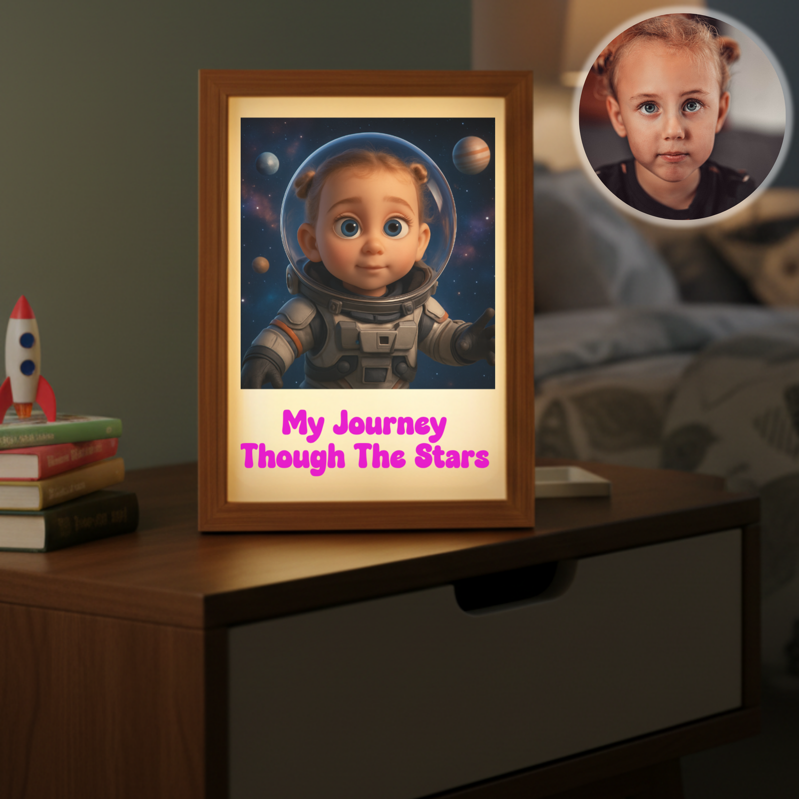 Wooden-framed night light displaying illustrated astronaut character with "My Journey Through The Stars" text in magenta, shown on desk next to toy rocket and books with reference photo inset