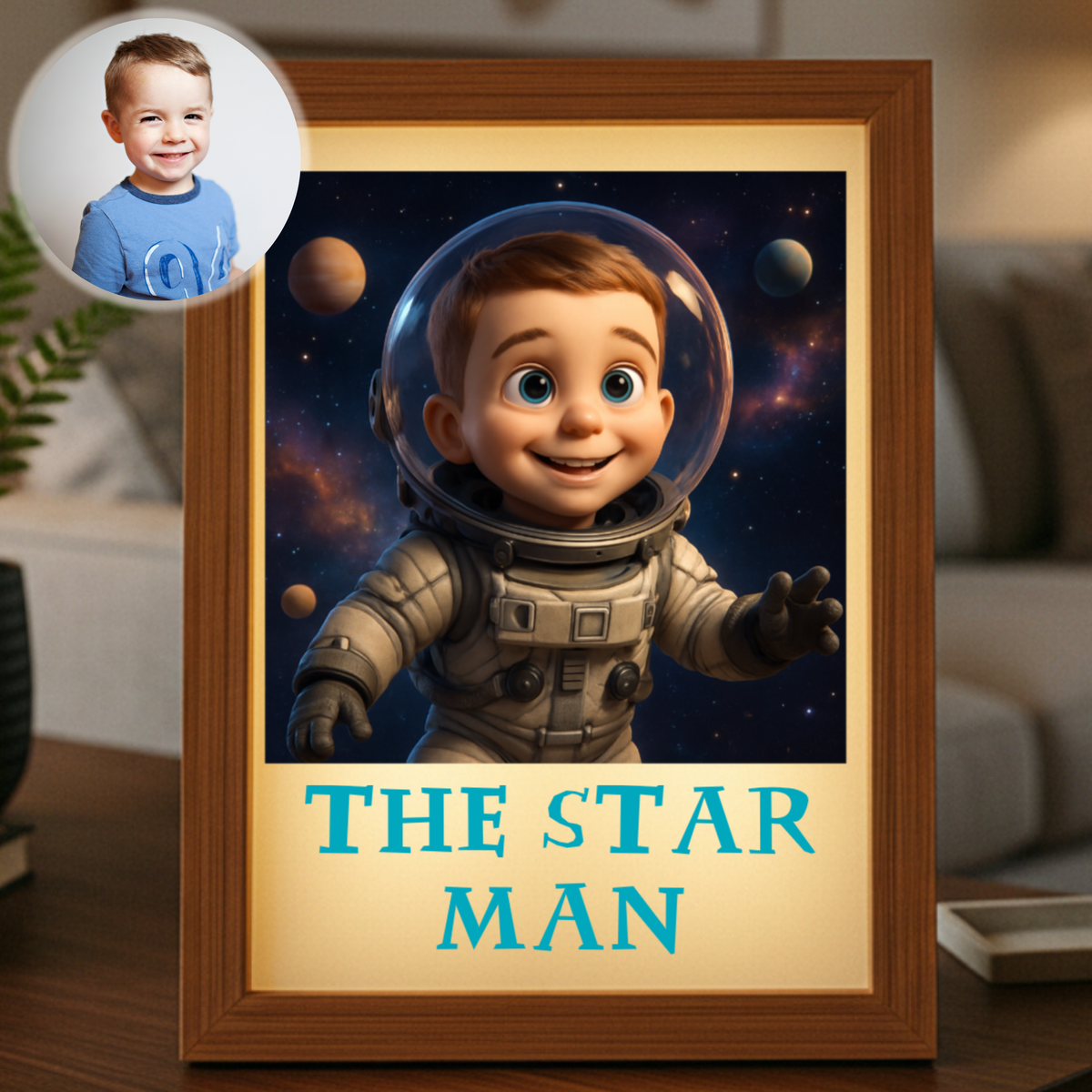 Framed night light displaying an animated astronaut character in a space suit with planets in background, with sample photo of child shown in circular inset above frame