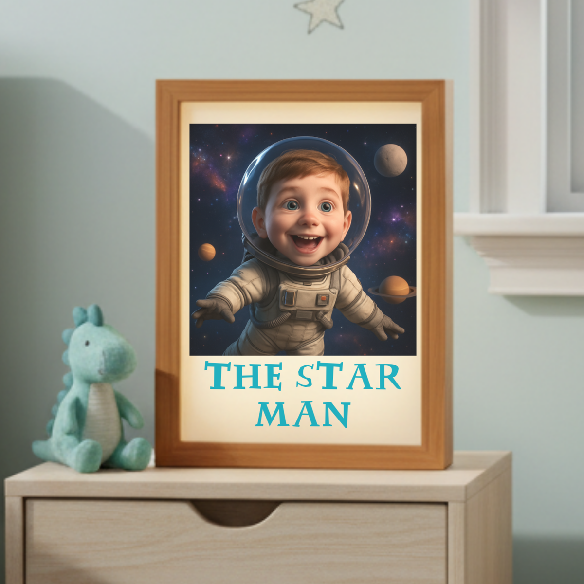 A smiling child’s custom astronaut night light glowing on a nightstand