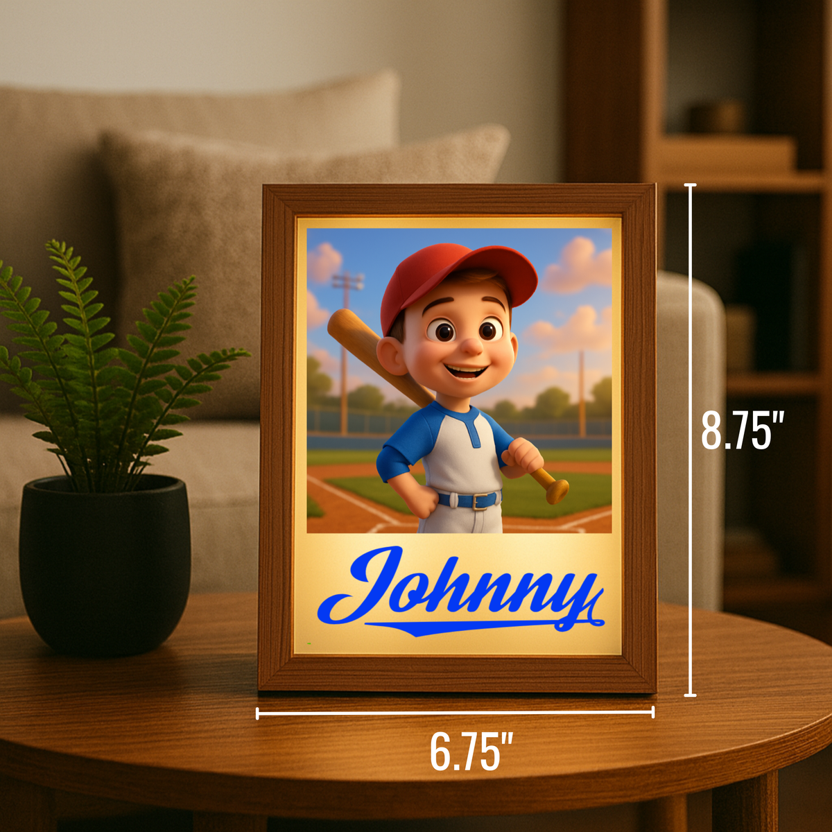 Brown wood-framed picture frame displaying cartoon baseball player wearing red cap and blue uniform, with sample name "Johnny" printed in blue script below, shown on wooden table next to potted plant.