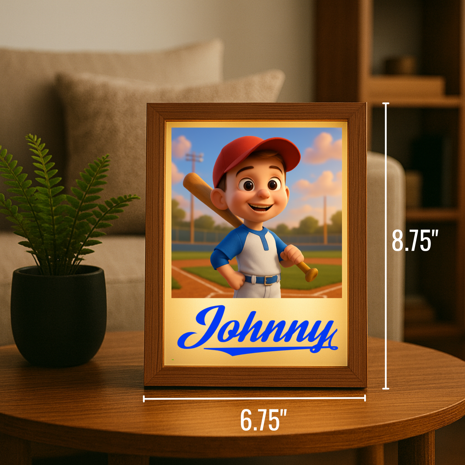 Brown wood-framed picture frame displaying cartoon baseball player wearing red cap and blue uniform, with sample name "Johnny" printed in blue script below, shown on wooden table next to potted plant.