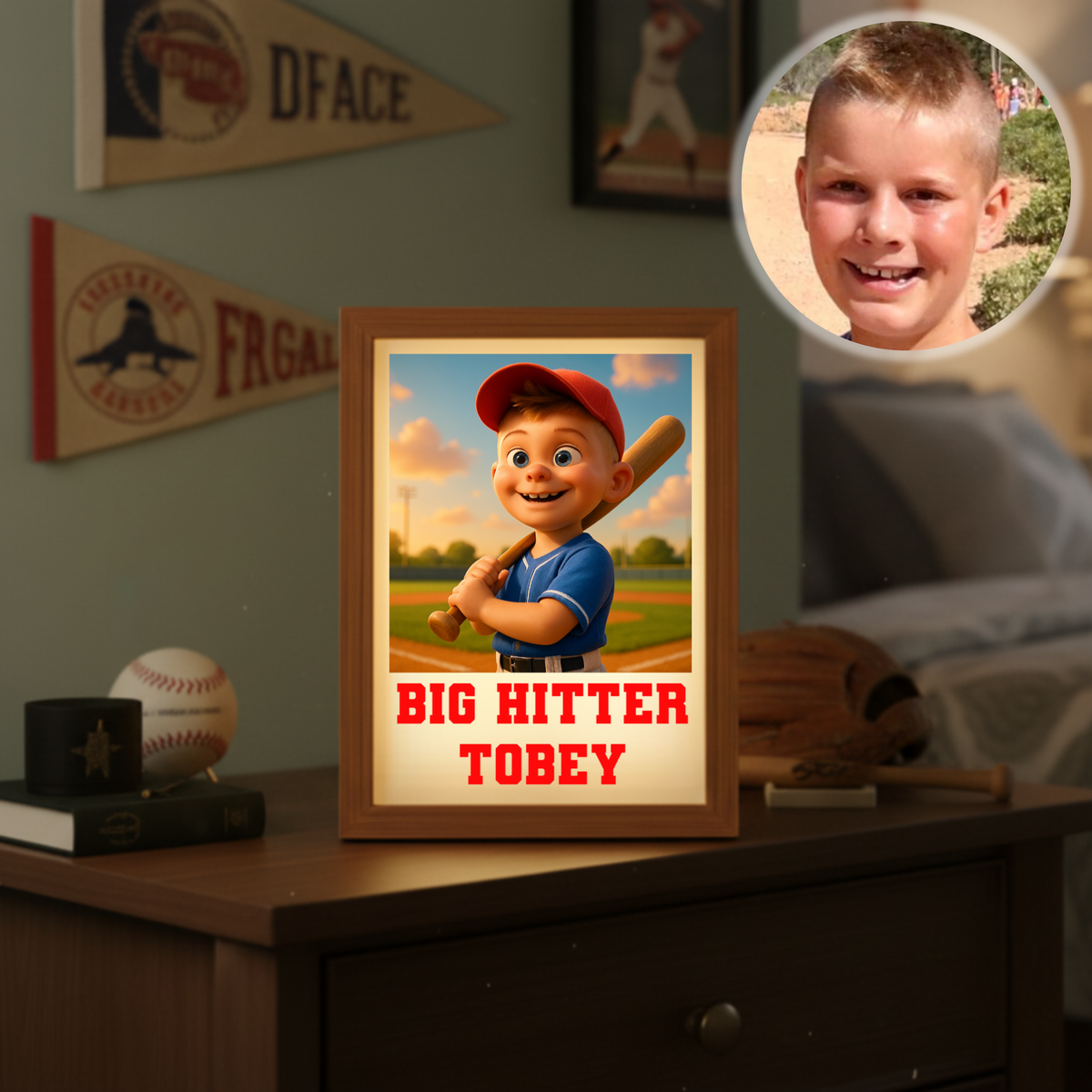 Framed light box displaying cartoon baseball player with sample text "BIG HITTER TOBEY" in red, positioned on wooden desk surrounded by sports memorabilia and pennants