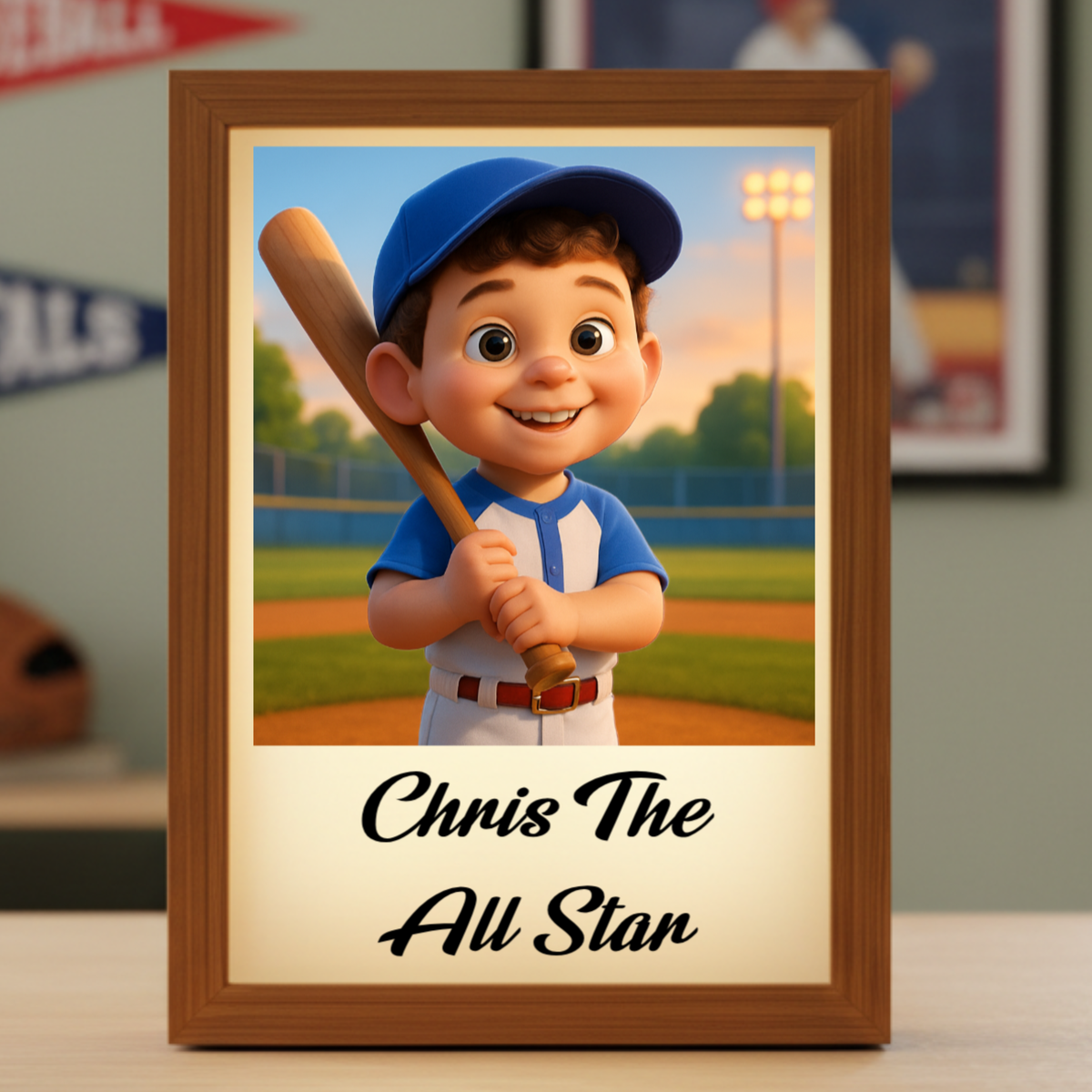 Framed light box displaying animated cartoon boy in blue baseball uniform holding bat on field, with personalized text reading "Chris The All Star" below the image