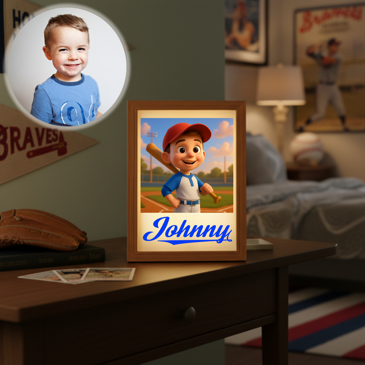 Field of Dreams light box displaying animated baseball player with sample name "Johnny" in blue script, shown on wooden desk in bedroom setting
