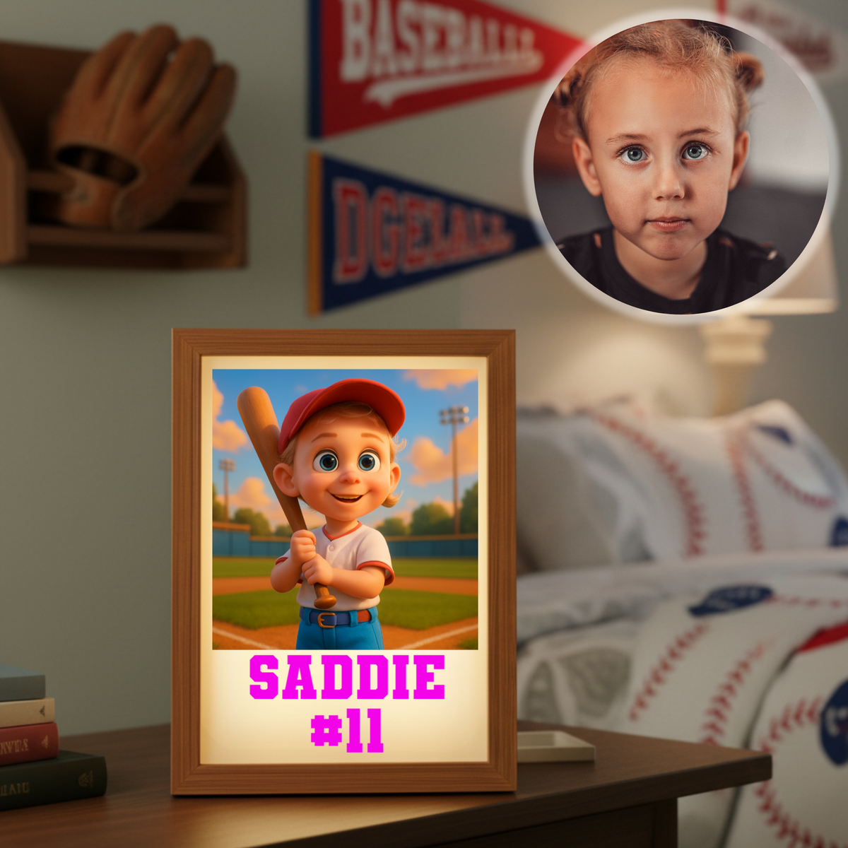 Framed light box displaying cartoon baseball player with sample text "SADDIE #11" in magenta, shown on desk in bedroom setting with sports decor visible in background
