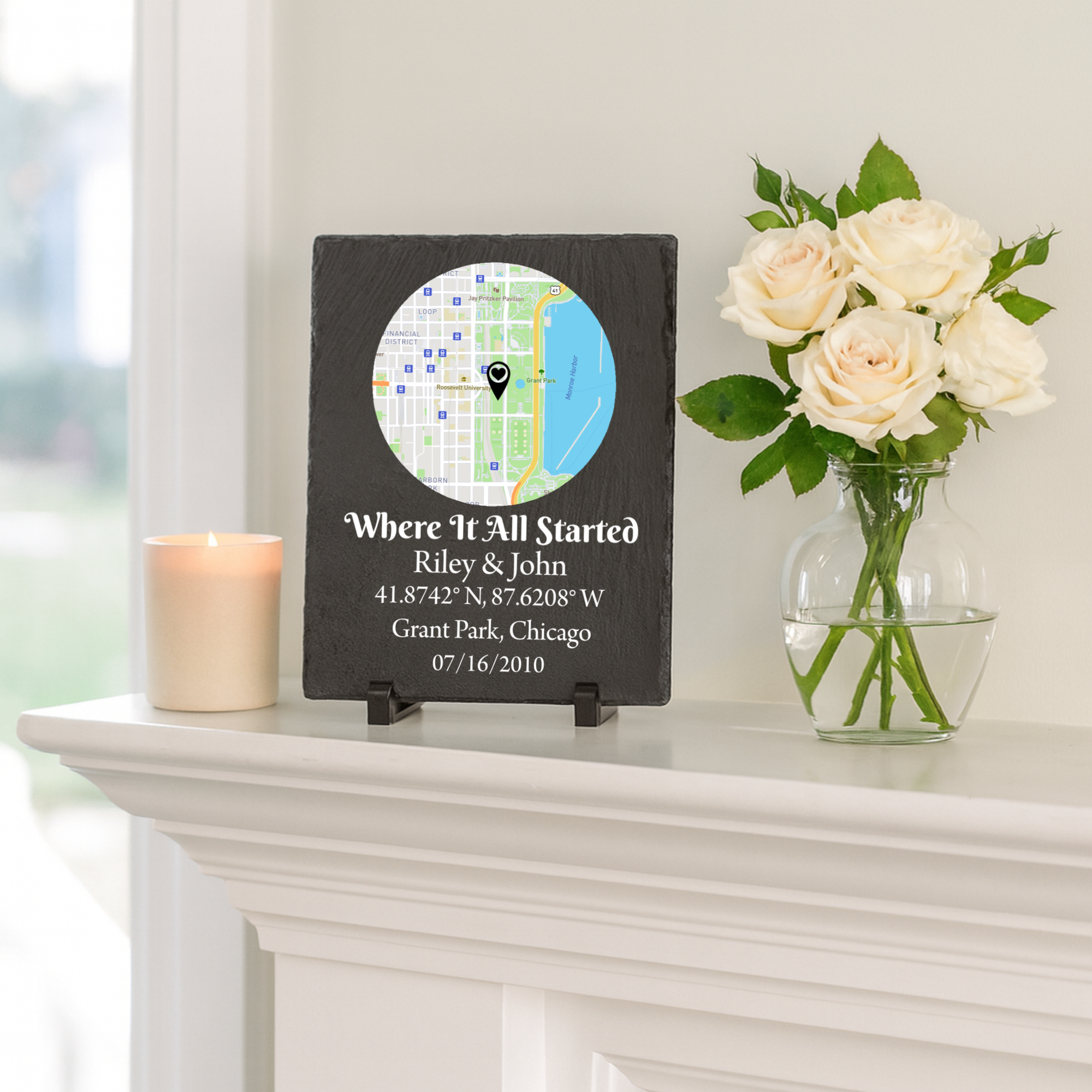 Personalized slate sign with map, names, coordinates, and date – romantic gift for where it all started