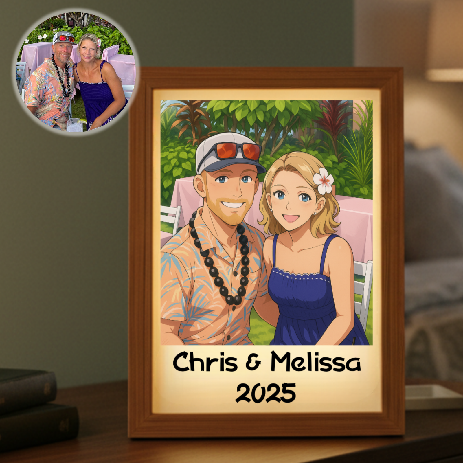 Custom anime portrait LED frame gift for him with photo and engraved message