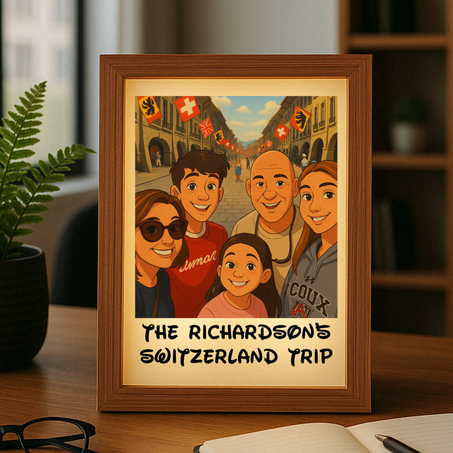 Framed 2D cartoon illustration of a family of five on a Swiss street with flags and mountains, with sample text reading "THE RICHARDSON'S SWITZERLAND TRIP" below the portrait in a wooden frame.