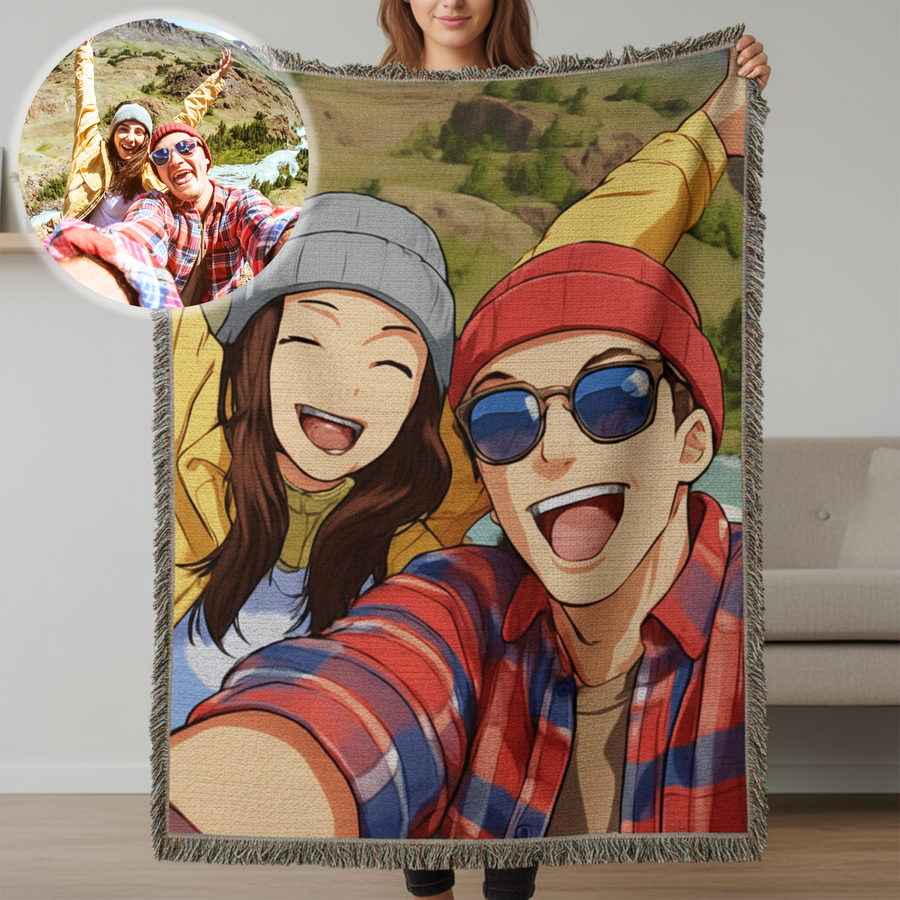 Woven throw blanket featuring custom anime-style illustration of two people in casual outfits with a mountain landscape background, displayed by a woman holding it open
