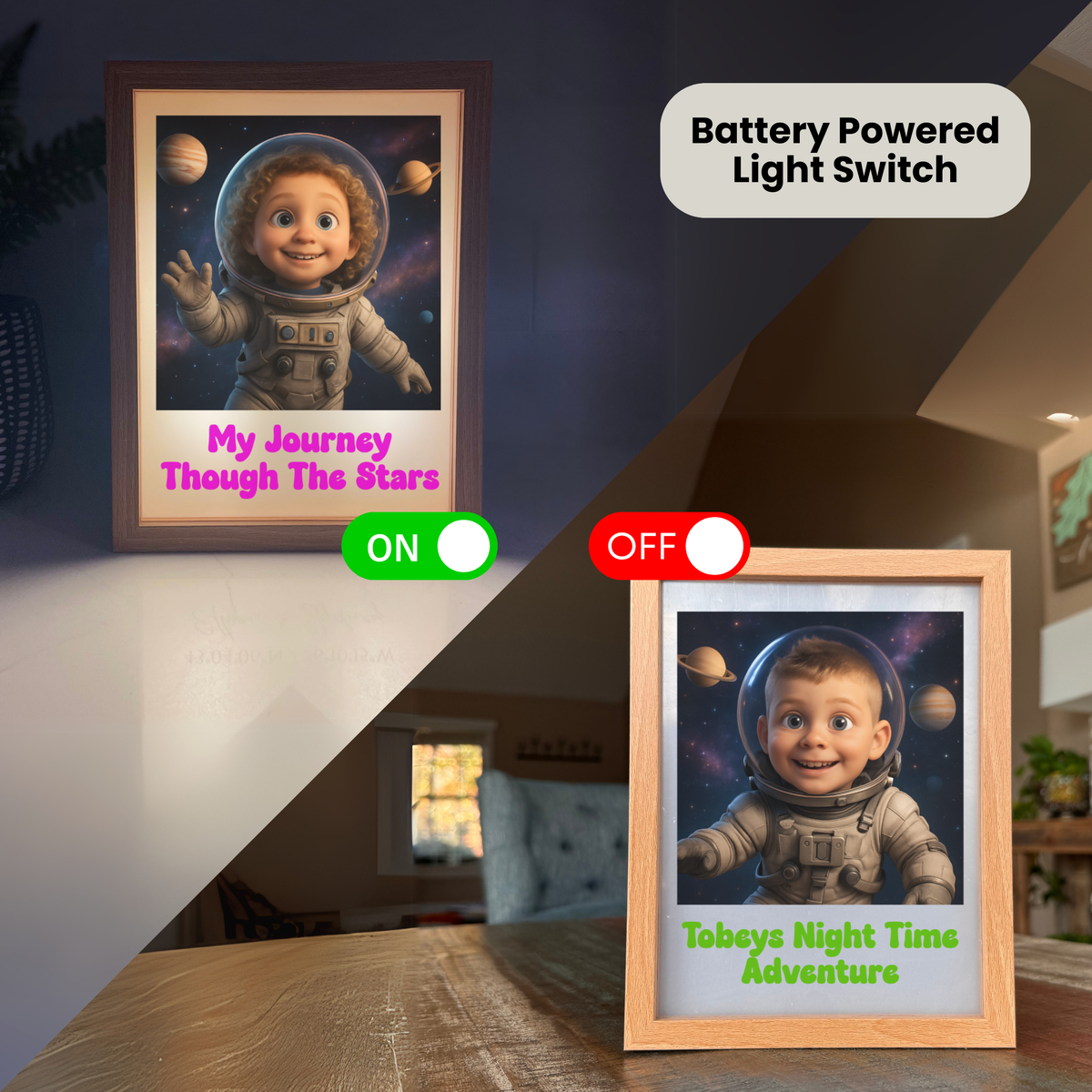 Two framed astronaut night lights displayed side-by-side, one with dark wood frame and magenta text "My Journey Through The Stars" shown illuminated with green ON toggle, the other with light wood frame and green text "Tobeys Night Time Adventure" shown with red OFF toggle.