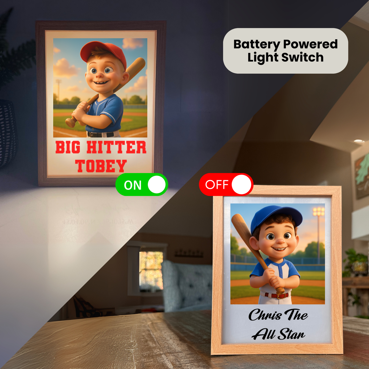 Two personalized light box frames with baseball player illustrations displayed side by side, showing ON and OFF toggle switches demonstrating battery-powered lighting feature