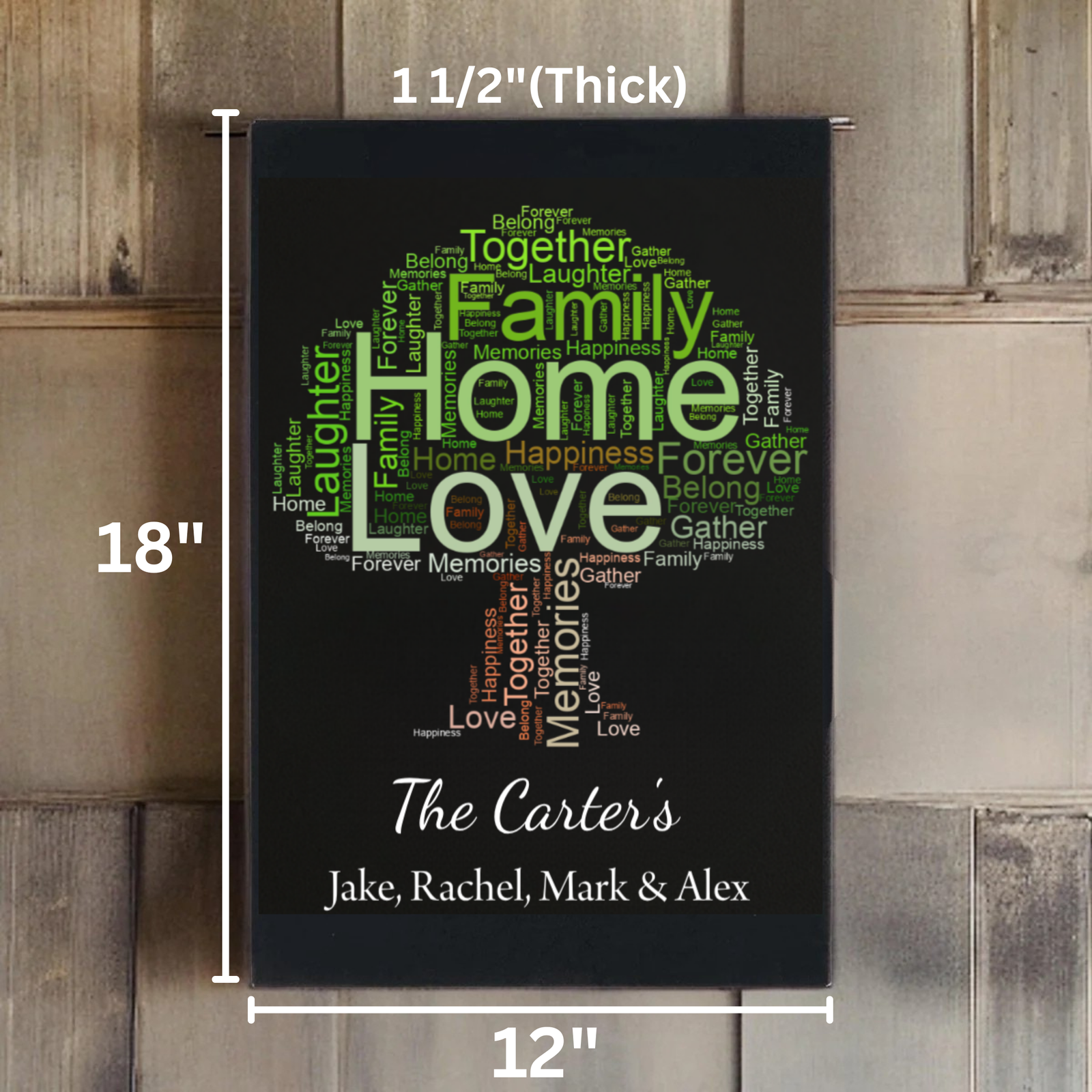 Black leatherette sign with word art tree design featuring green and orange text, personalized with sample family name "The Carter's" and names Jake, Rachel, Mark & Alex, measuring 12 by 18 inches